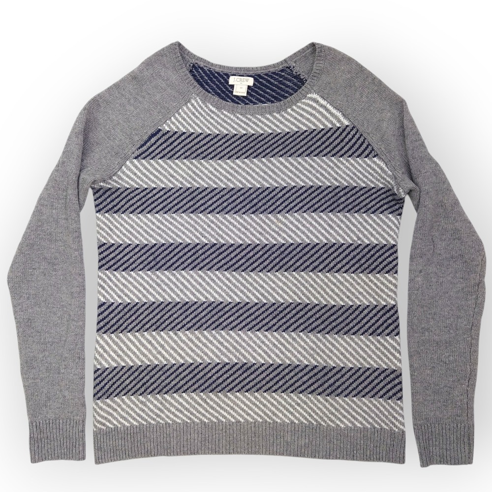 J. Crew Womens XS Gray Blue Striped Merino Wool Blend Crew Neck Sweater C9962